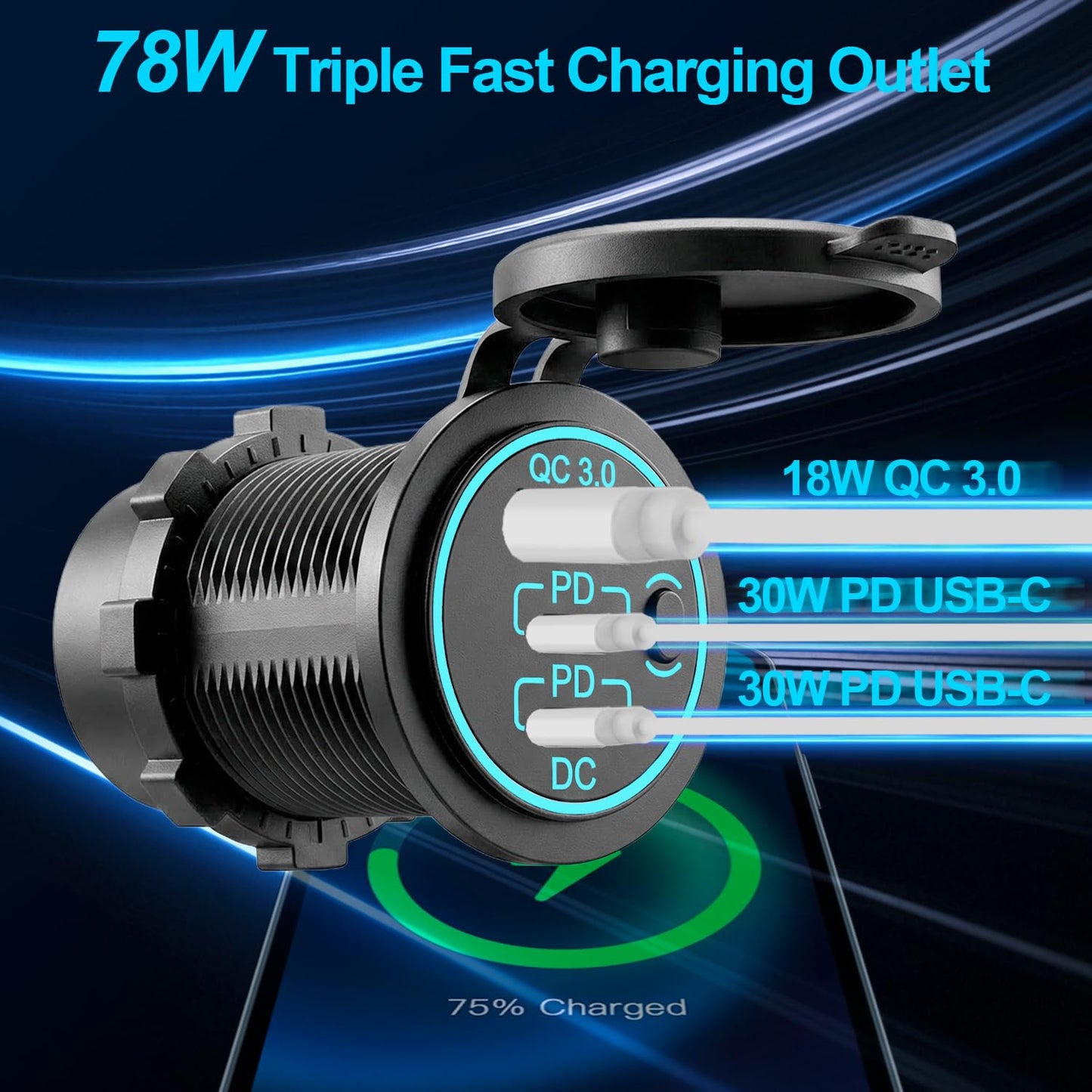 12v usb charger, PD 20W USB-C Power Socket and 18W QC3.0 Socket Waterproof Power Outlet 12V/24V with Power Switch 12V USB C Outlet for Car Golf Cart