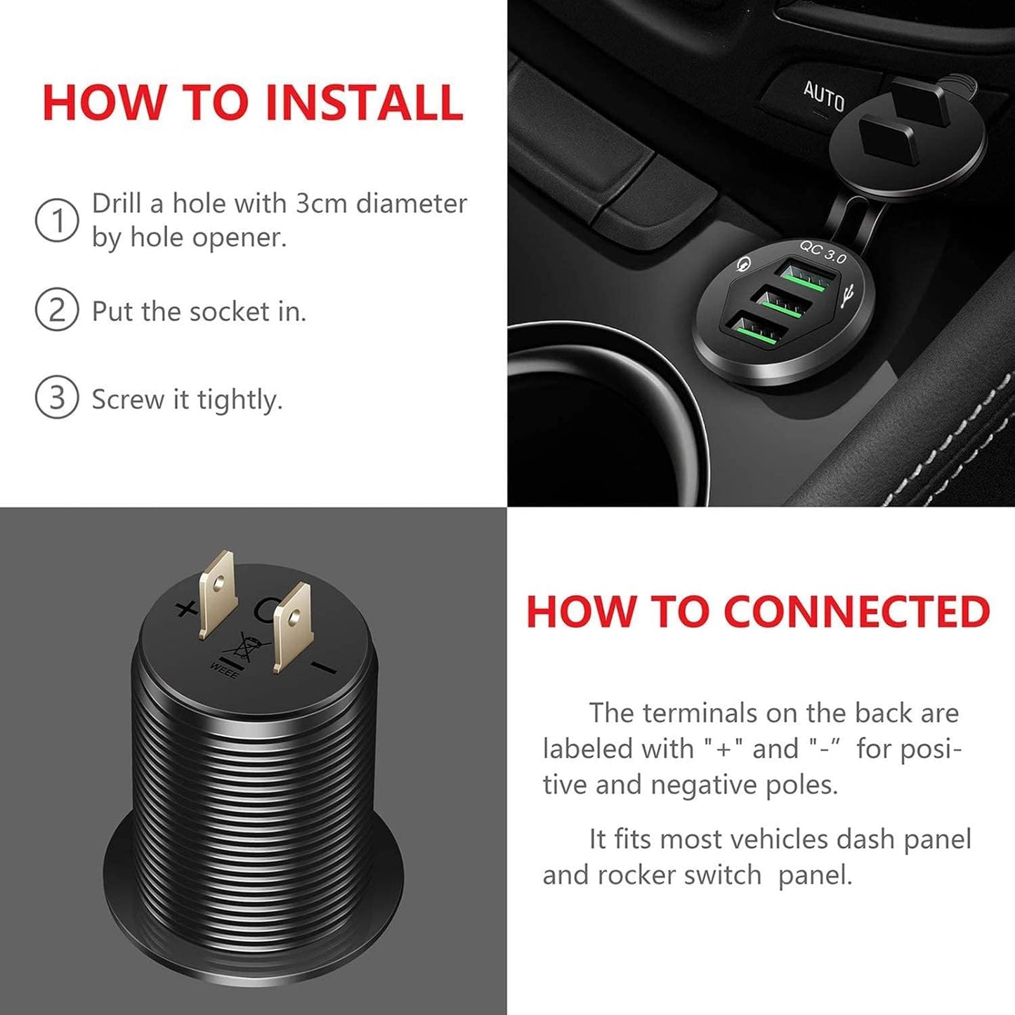 Triple Port QC3.0 Car Charger Socket, 12V/24V 36W USB Charger with 3 Fast Charging Ports, IP66 Waterproof Aluminum Socket Mount for Car Boat RV Marine