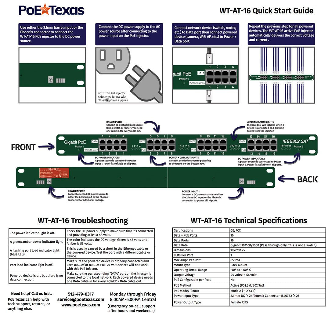 PoE Texas AT-16 | Gigabit 16 Port 802.3at On-Demand Power Over Ethernet Injector for PoE Cameras, IP Phones, WiFi Access Points (Power Supplies Sold
