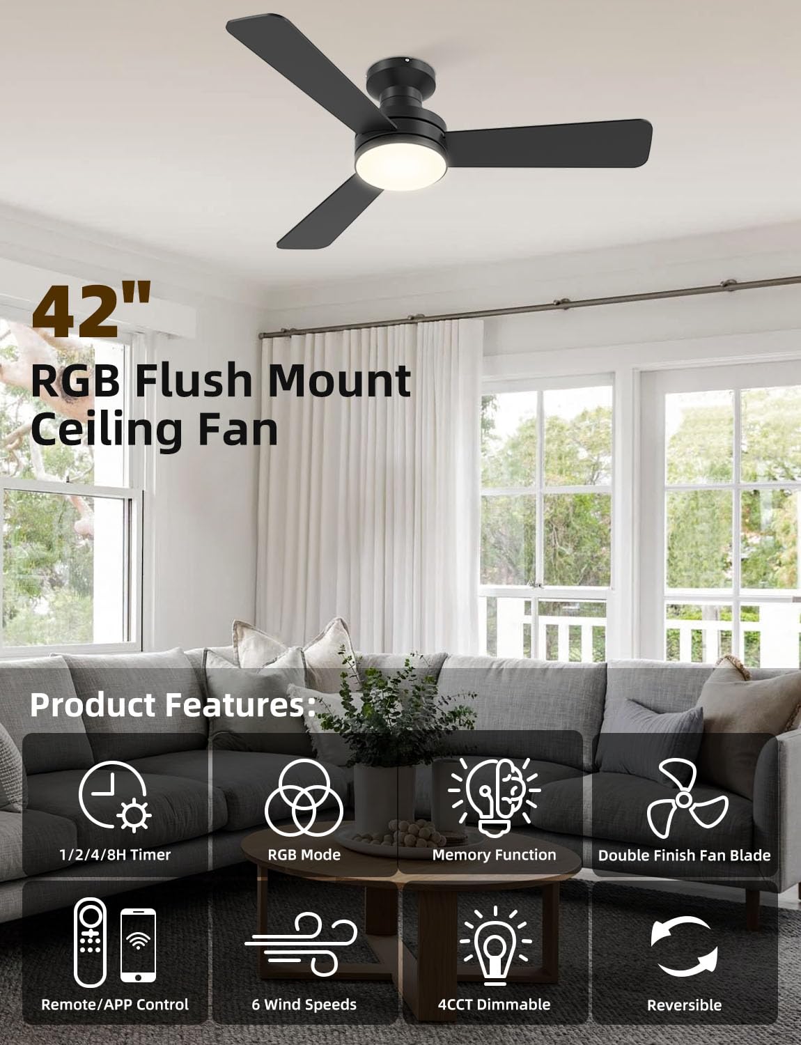 Homlit 42 inch RGB Ceiling Fan with Light, Smart App & Remote Control Low Profile Flush Mount, Music Sync Lighting, 6-Speed Quiet Reversible DC Motor