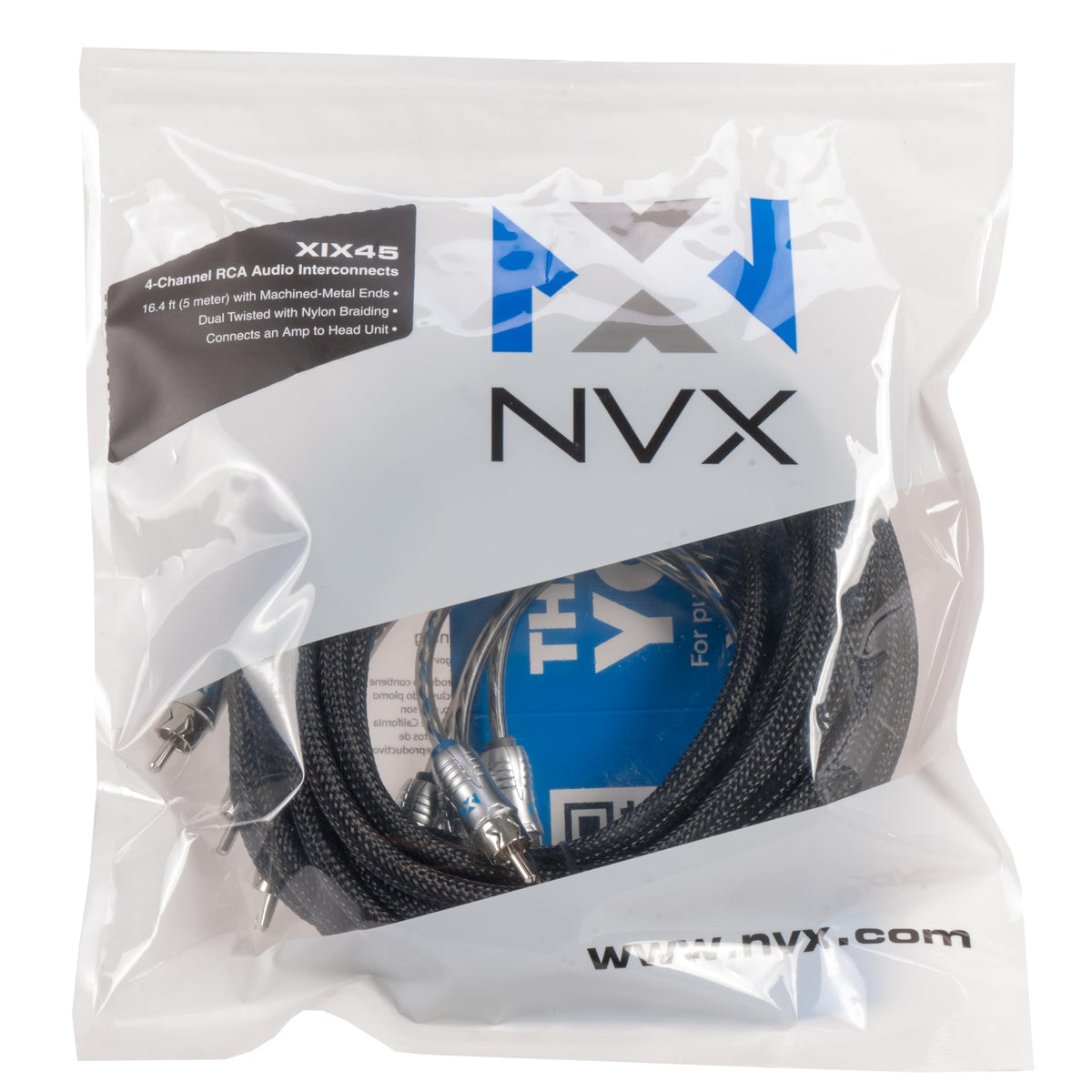 NVX® XIX45 16.4 ft (5 Meter) Oxygen Free Copper 4-Channel Double Twisted Pair X-Series Car Audio RCA Audio Interconnect Cable with Shielded Noise Reduction and Split-tip Silver-Plated Machined Ends