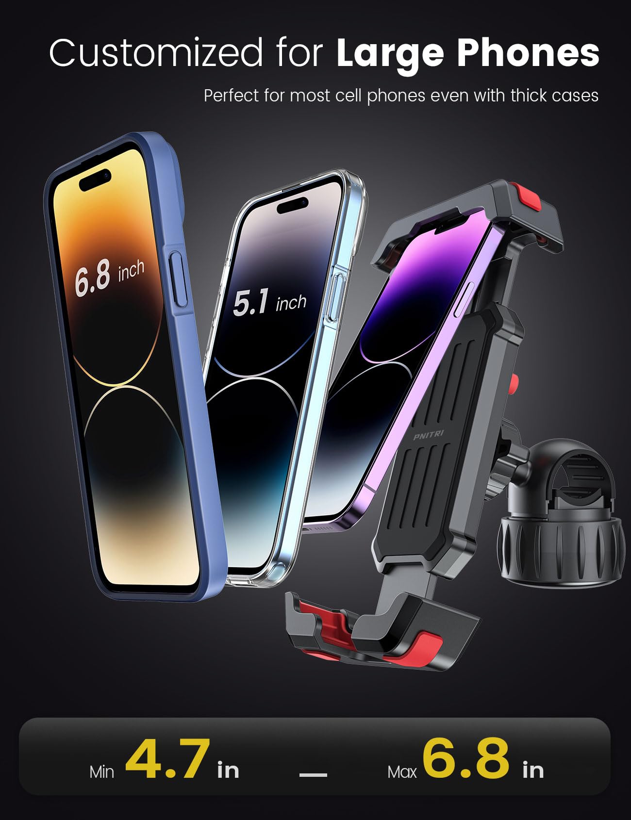 Pnitri 2025 New Upgraded Bike Phone Holder Handlebar - 1S Quick Install, Motorcycle Phone Mount, Bicycle Phone Holder fit Large Phone Case for iPhone