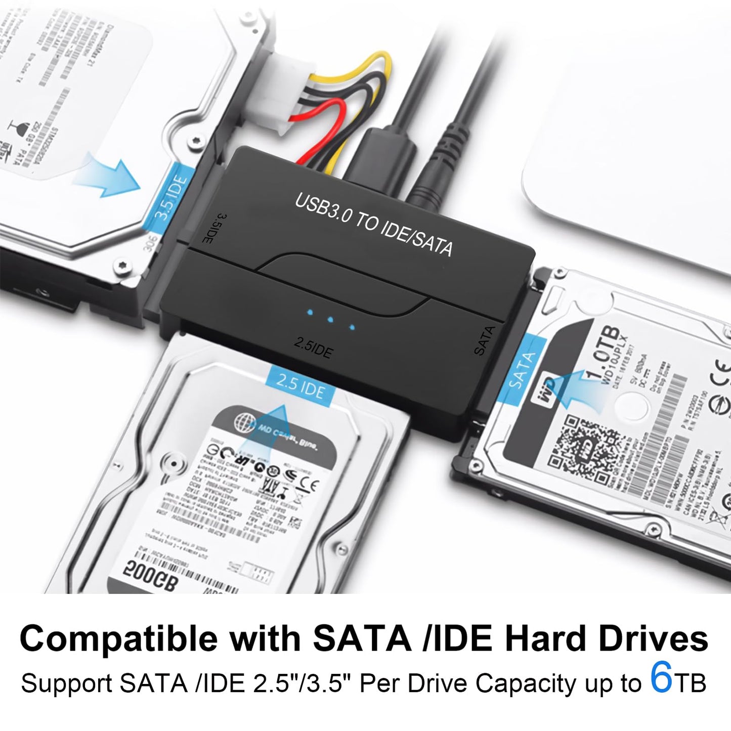 SATA IDE to USB 3.0 Adapter for 2.5/3.5 HDD/SSD Hard Drive Disk, Hard Drive Reader Ultra Recovery Conveter Cable Universal Data Transfer SATA to USB