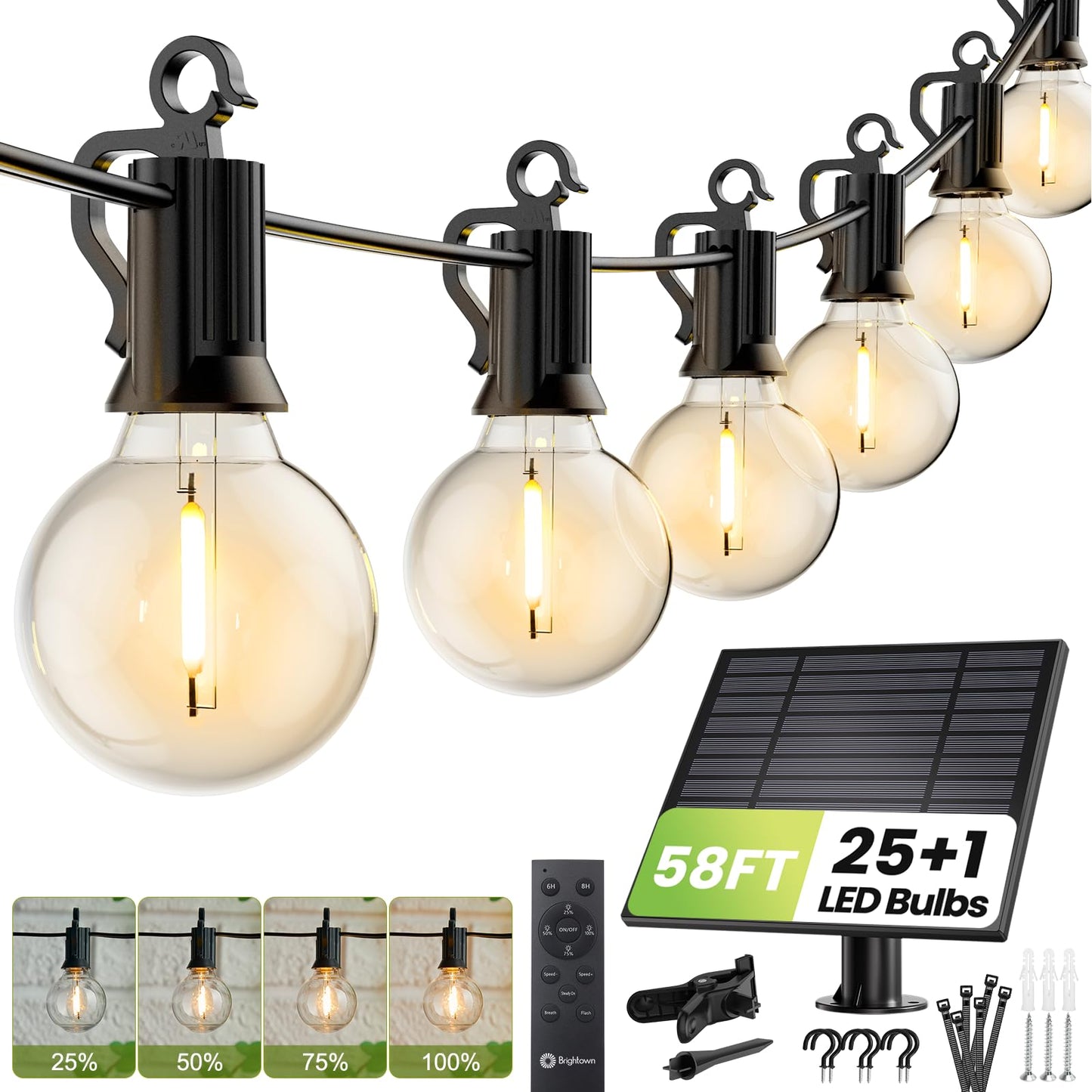 Brightown 58FT Solar String Lights Outdoor with Remote Cable Ties Hooks, 26 LED Shatterproof Bulbs, 3 Light Modes, Dimmer & Timer, Commercial Grade