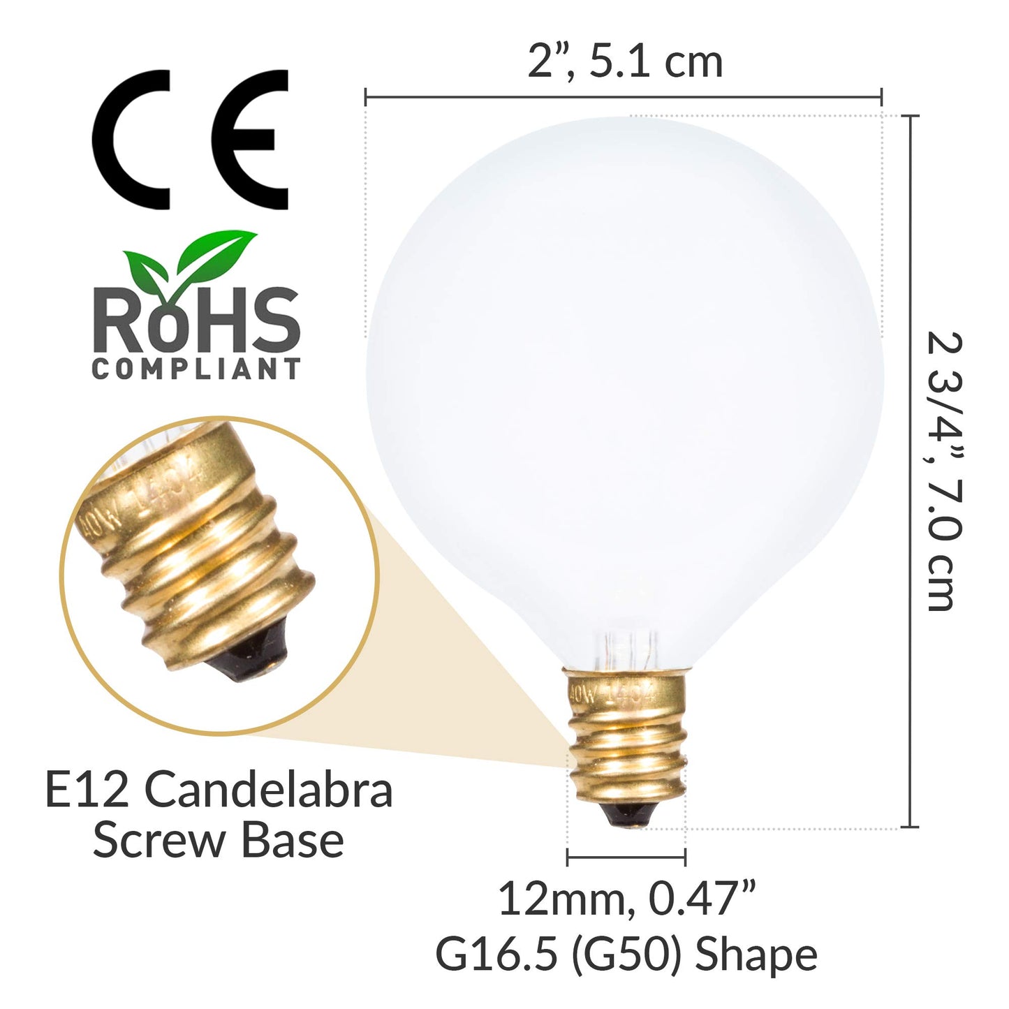 Simba Lighting Small Globe G16.5 25W E12 Frosted Glass 120V, 2700K, 10 Pack