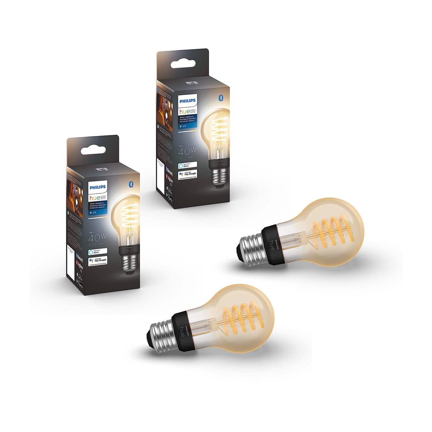 Philips Hue Smart 40W A19 Filament LED Bulb - White Ambiance Warm-to-Cool White Light - 2 Pack - 550LM - E26 - Indoor - Control with Hue App - Works