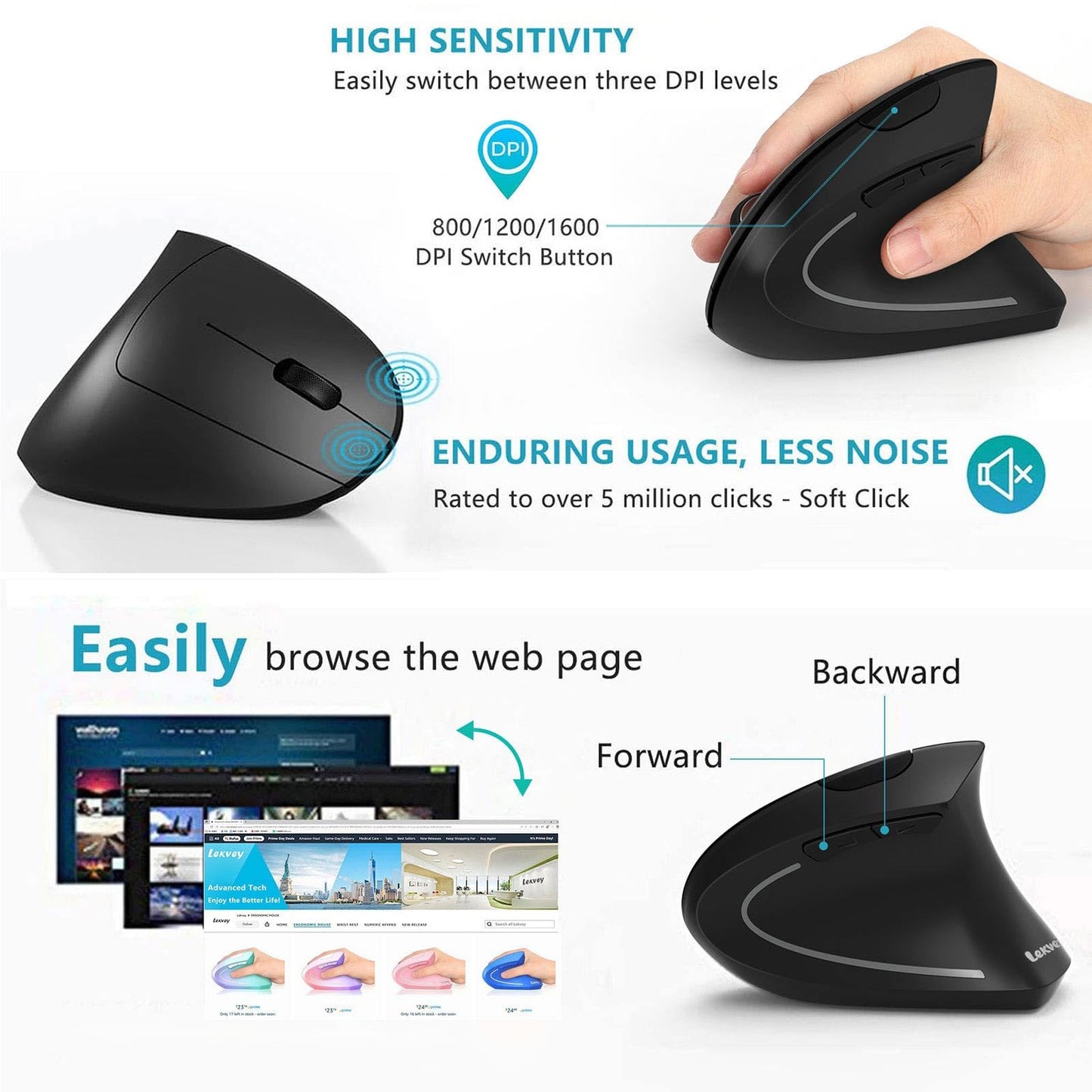 Ergonomic Mouse, LEKVEY Vertical Wireless Mouse - Rechargeable 2.4G Optical Vertical Mice : 3 Adjustable DPI 800/1200/1600 Levels 6 Buttons