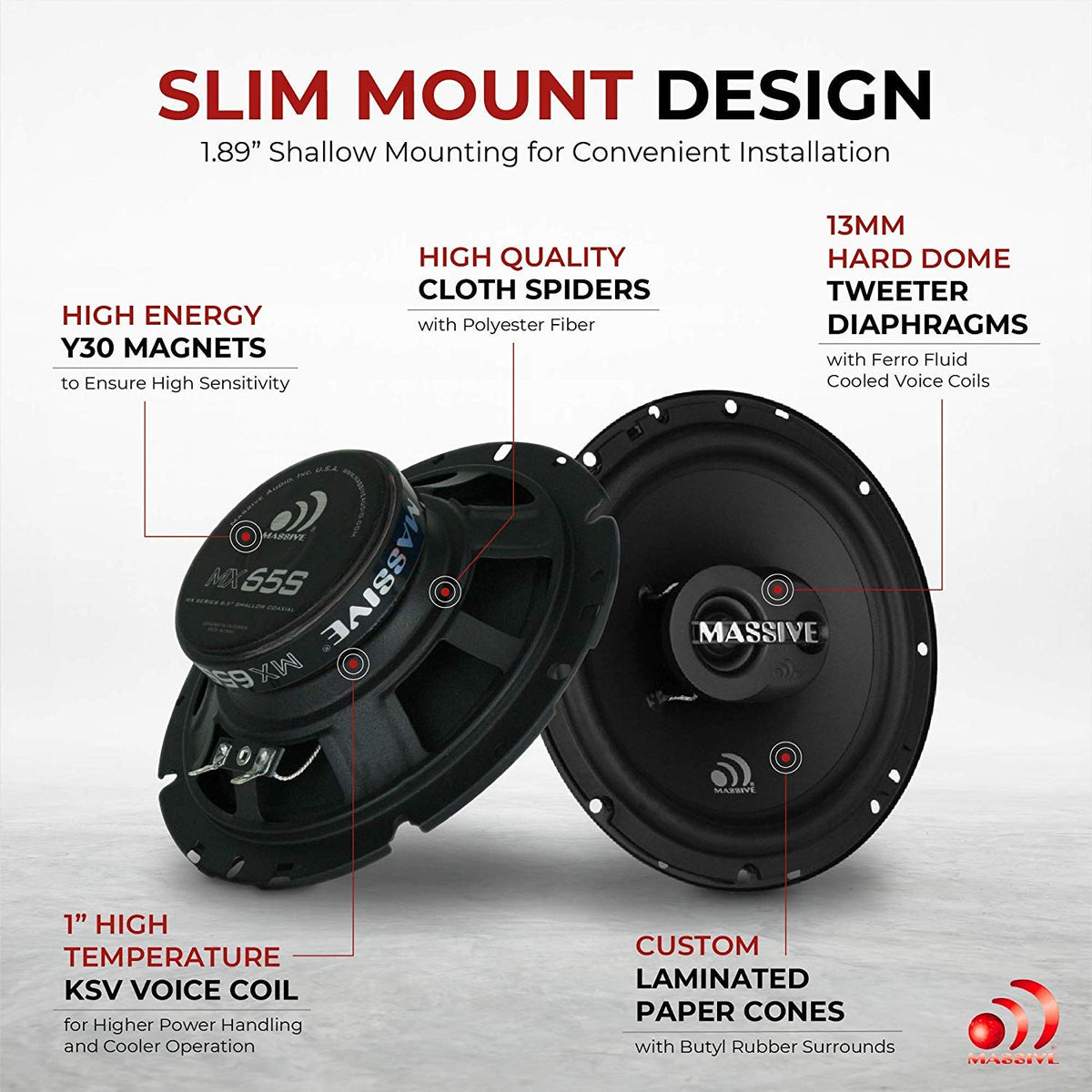 Massive Audio MX65SV2 | 6.5" 2-Way Shallow Mount Coaxial Car Speakers | 100W Max / 50W RMS | Compact OEM Fit | Silk Dome Tweeter & Mid-Bass Cone | Premium Sound Upgrade