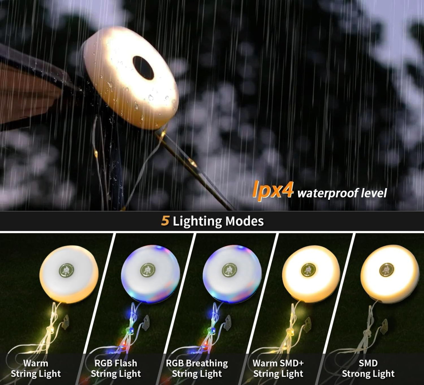Camping String Lights,Camping Essentials Gear 32.8FT Lamp Lights Waterproof, 4 in 1 Outdoor String Lights with 8 Modes for Awn Tent Yard Garden Hiking