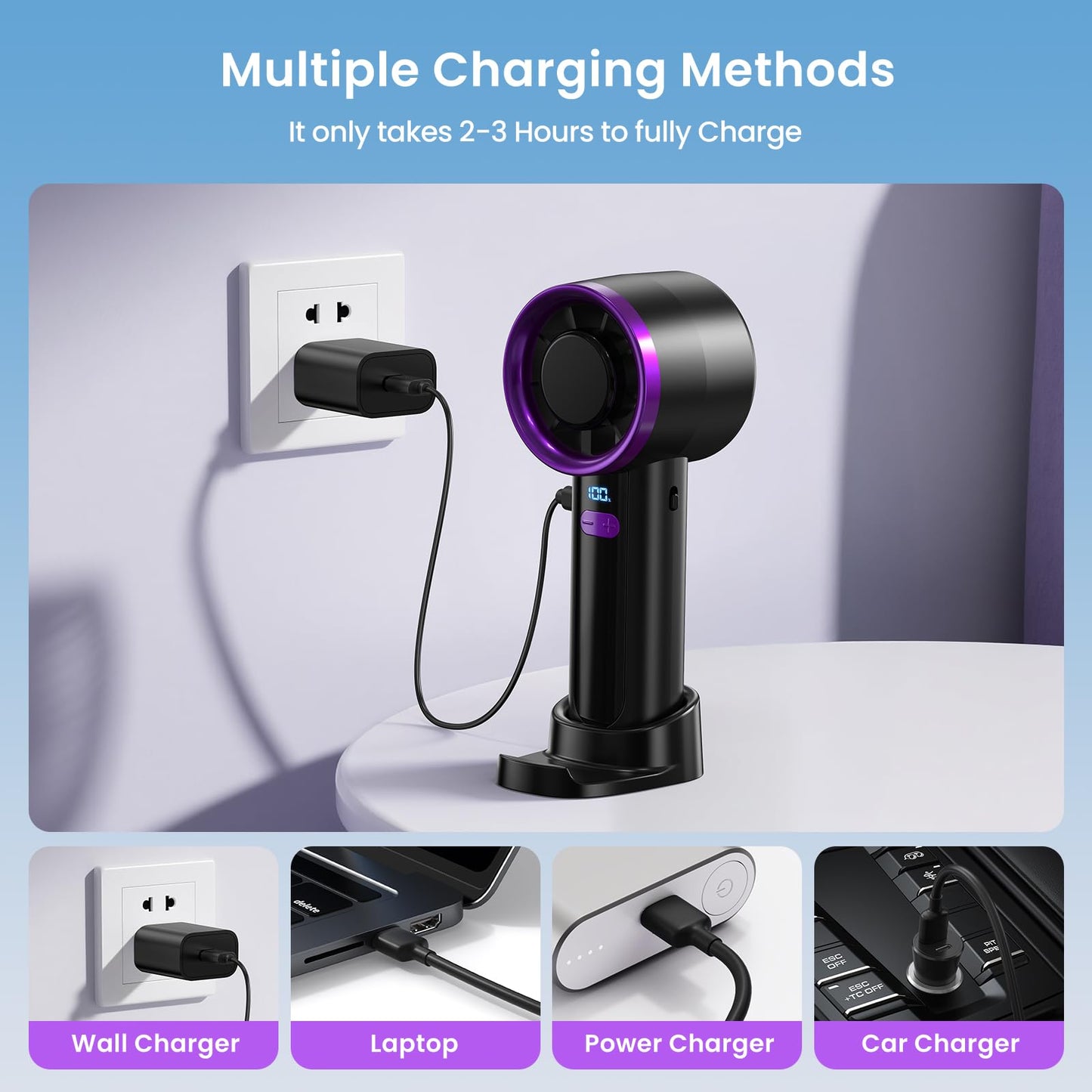 Evoliq Handheld Fan Rechargeable, Mini Portable Hand Fan with 6 Speeds, USB-C Personal Fan with LED Display & Phone Stand, 12H Battery Travel Fan