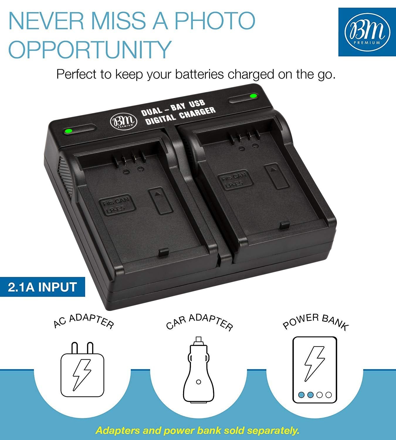 BM Premium LP-E5 Dual Bay Battery Charger for Canon EOS Rebel XS, Rebel T1i, Rebel XSi, 1000D, 500D, 450D, Kiss X3, Kiss X2, Kiss F Digital SLR Camera
