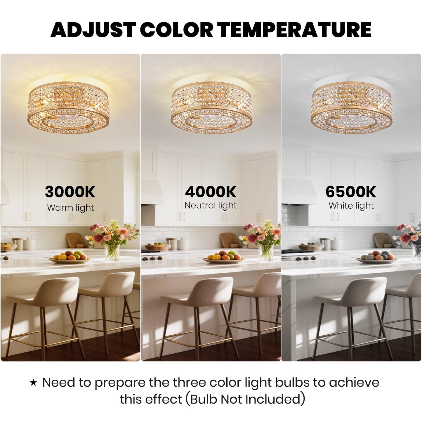APBEAMLighting 20" Caged Crystal Ceiling Fan with Lights Flush Mount Gold Fandelier Low Profile Chandelier Fan Enclosed Ceiling Fan Light Fixtures