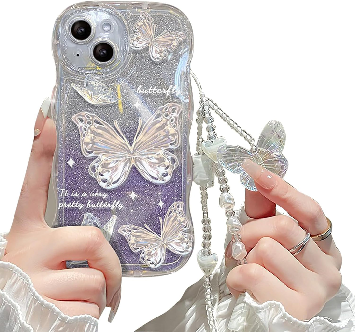 Cutecasee Compatible with iPhone 15 Case for Women/Girls, Cute Butterfly Glitter Bling with Bracelets Anti-Scratch Shockproof Case for iPhone 15