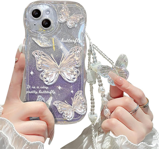 Cutecasee Compatible with iPhone 15 Case for Women/Girls, Cute Butterfly Glitter Bling with Bracelets Anti-Scratch Shockproof Case for iPhone 15