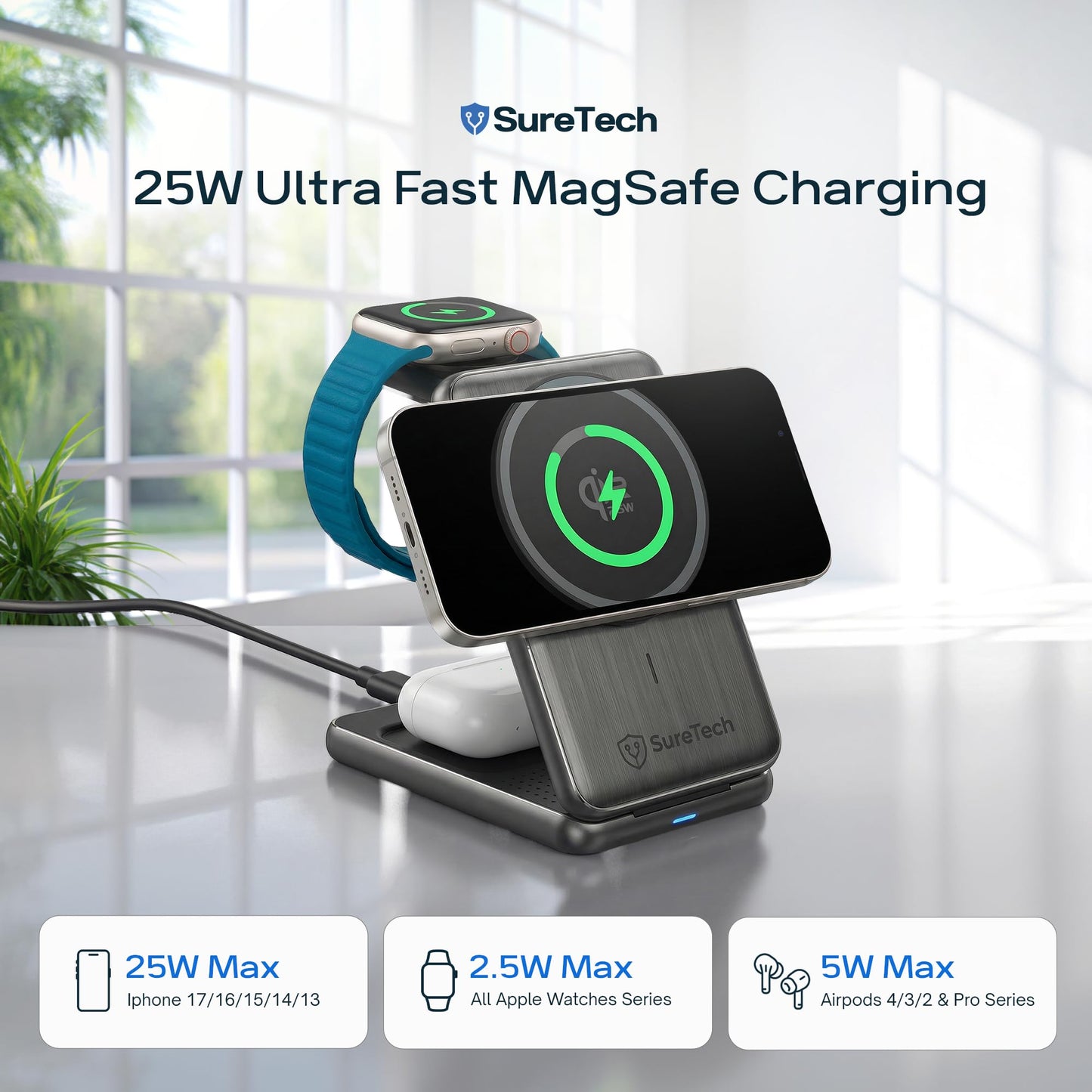 SureTech Qi2.2 Certified 3-in-1 Foldable Wireless Charging Station for Apple Devices with 65W Adapter, 25W Fast Charging Dock, Portable Magnetic