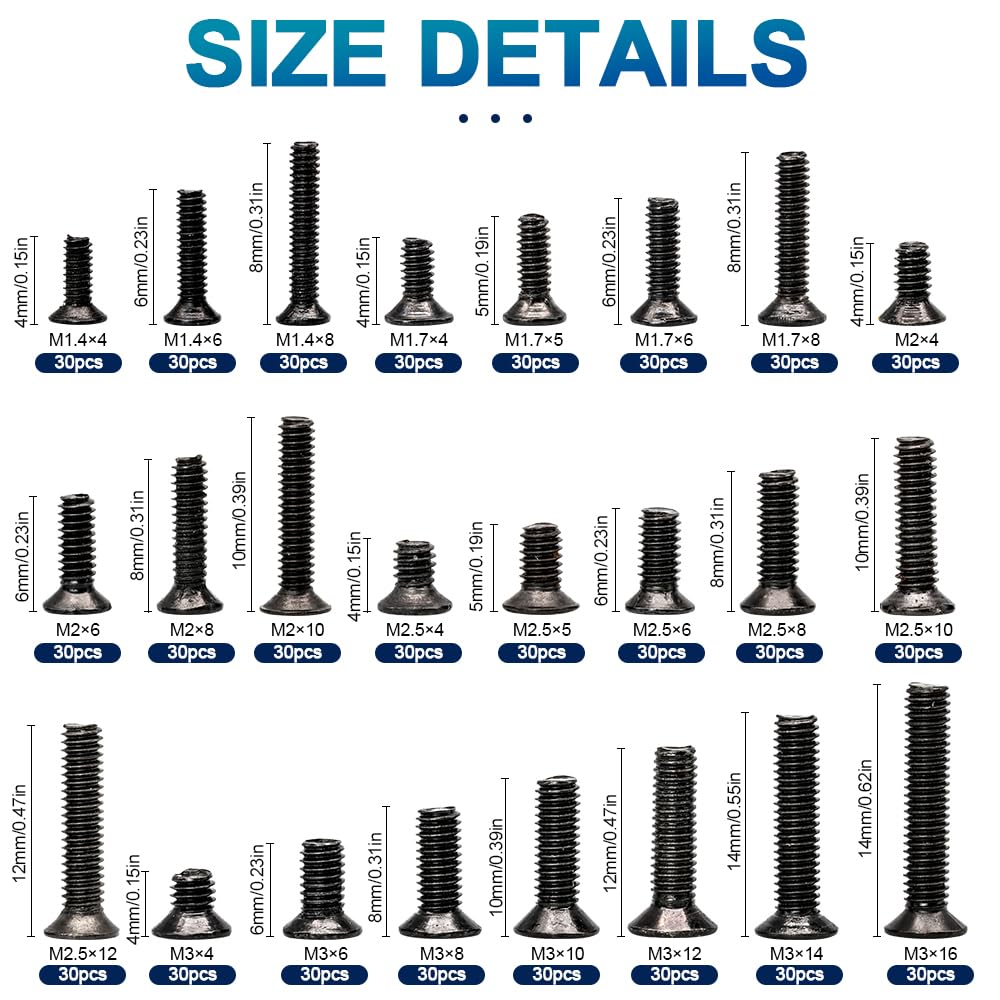 NINDEJIN 720pcs Laptop Notebook Computer Carbon Steel Screws Kit Set, Flat Head Phillips Screw Assortments, M1.4/1.7/2/2.5/3 Countersunk ssd Screws