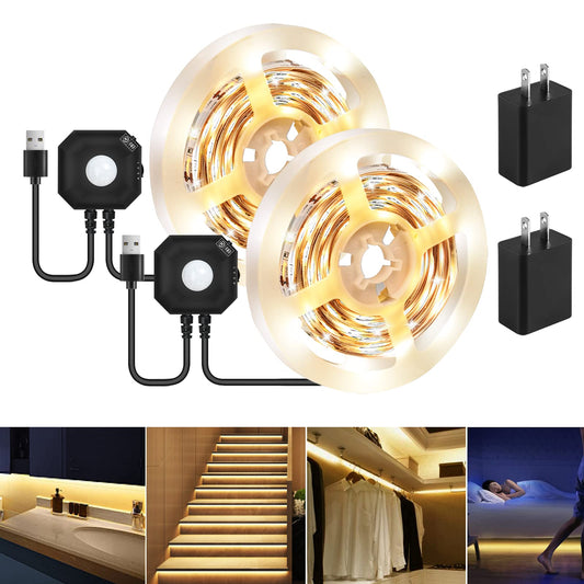 HOUHUI Motion Sensor LED Light Strip, 2PCS 9.8Ft Motion Sensor Light Indoor with Automatic Shut-Off Timer, Motion Activated Bed Lights Under Cabinet