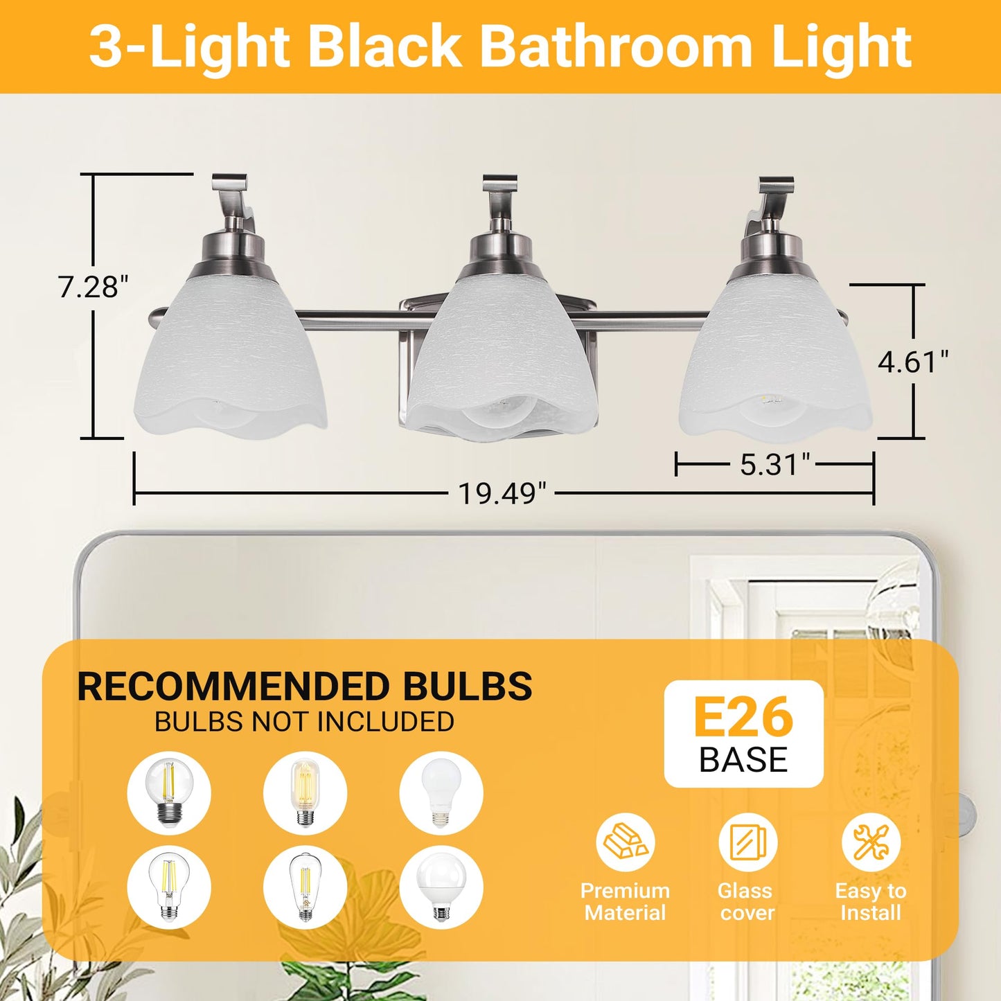 WJShome 19.5" Bathroom Light Fixtures, 3-Light Vanity Lights with Frosted Glass Shades, Brushed Nickel Wall Sconces, for Mirror Bedroom Hallway