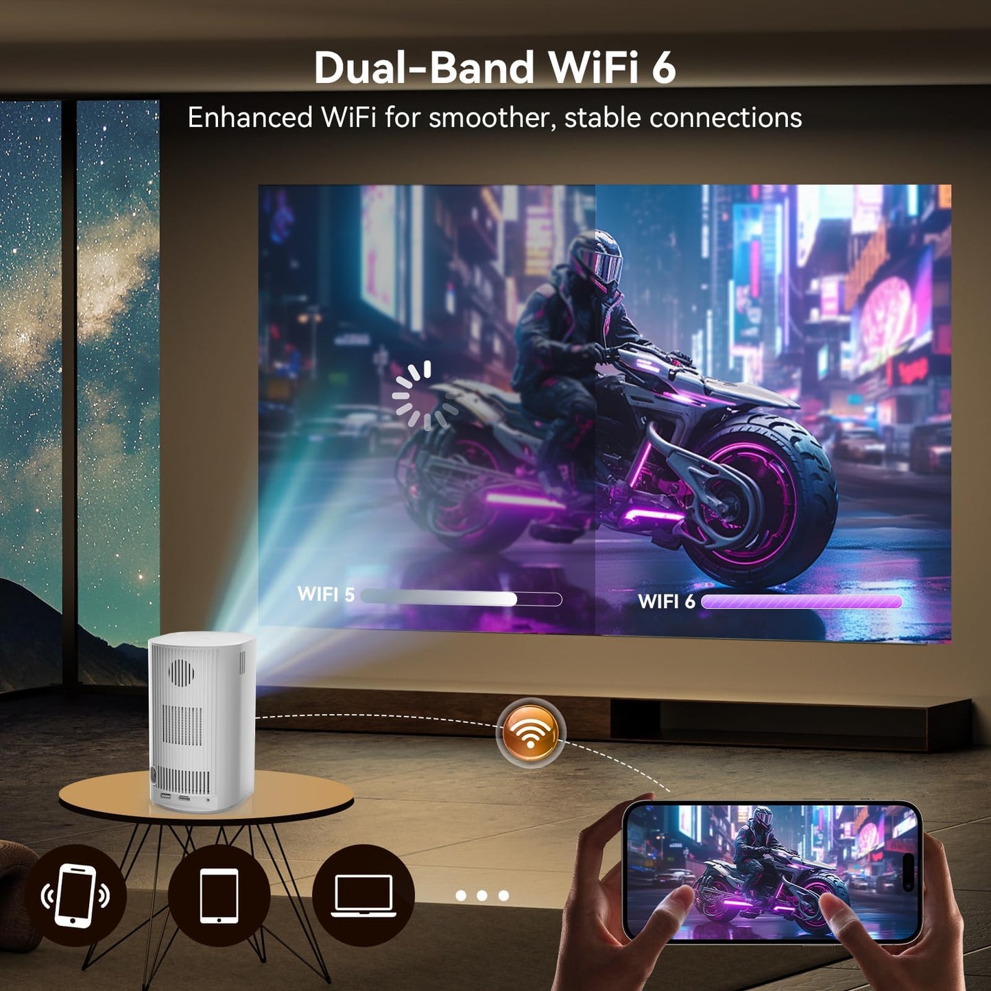 Mini Projector, 4K Smart Video Projector, 200 ANSI Lumen, WiFi6 & Bluetooth 5.4, Automatic Vertical Correction, 1920*1080P, 200'' Screen Home Cinema