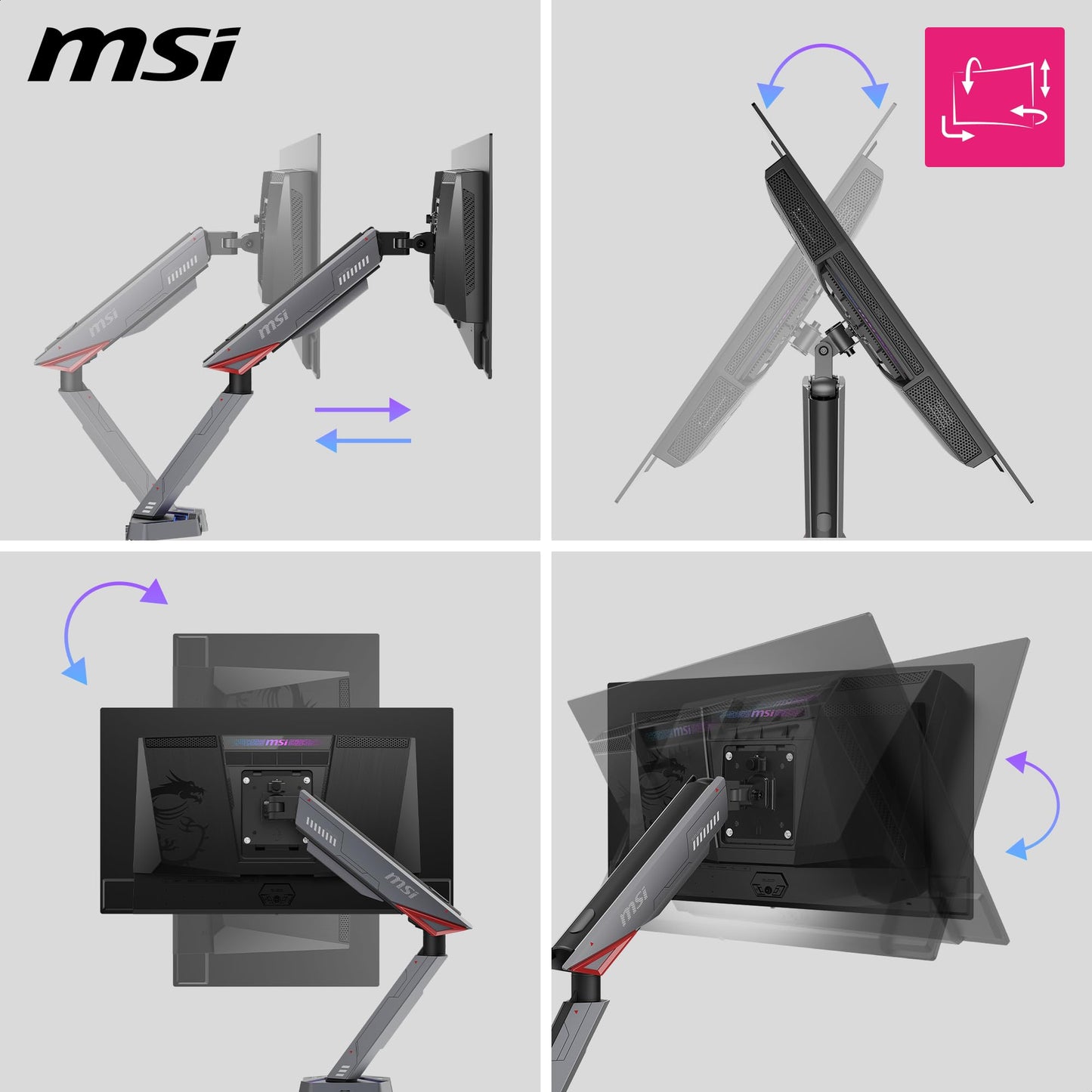 MSI MPG MT161DR - Premium RGB Dual Monitor Stand Arms, 17-38" Support, VESA Compatible, Adjustable Spring Assisted Mount, 35.2 lbs per Screen