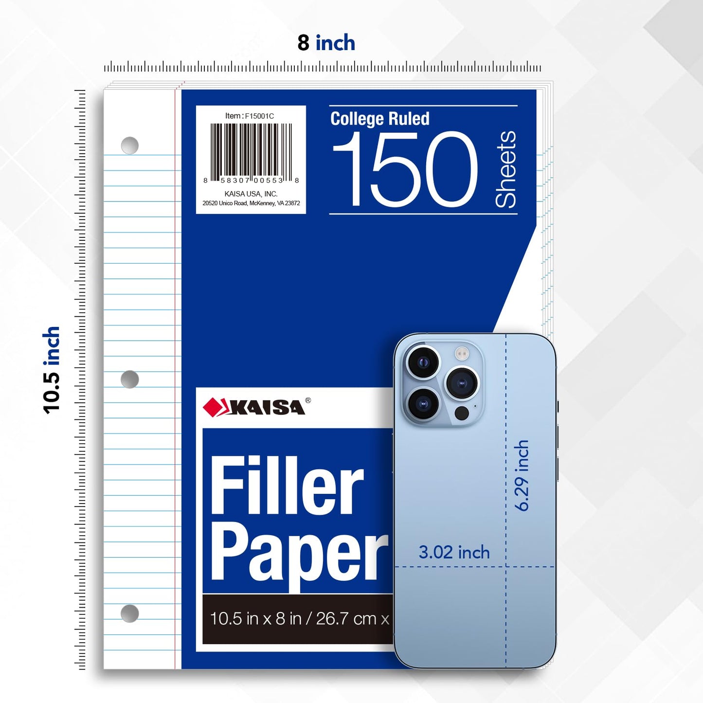 Kaisa Filler Paper Notebook Paper College Ruled 8"x10.5" Loose Leaf Paper for 3-Ring Binders 1800 Sheet/pack,12pack (Total 1800 Sheets)