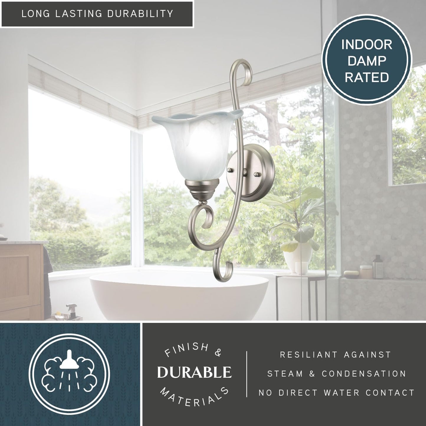 VAXCEL Bella 1-Light 7.25 inch Wide Brushed Nickel Transitional Bathroom Vanity Lighting Fixture, White Alabaster Scalloped Glass Shade, Dimmable, LED