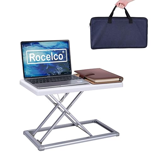 Rocelco 19" Portable Laptop Riser, Height Adjustable Travel Standing Desk Converter, Premium Compact Sit Standup Keyboard Monitor Rising Workstation