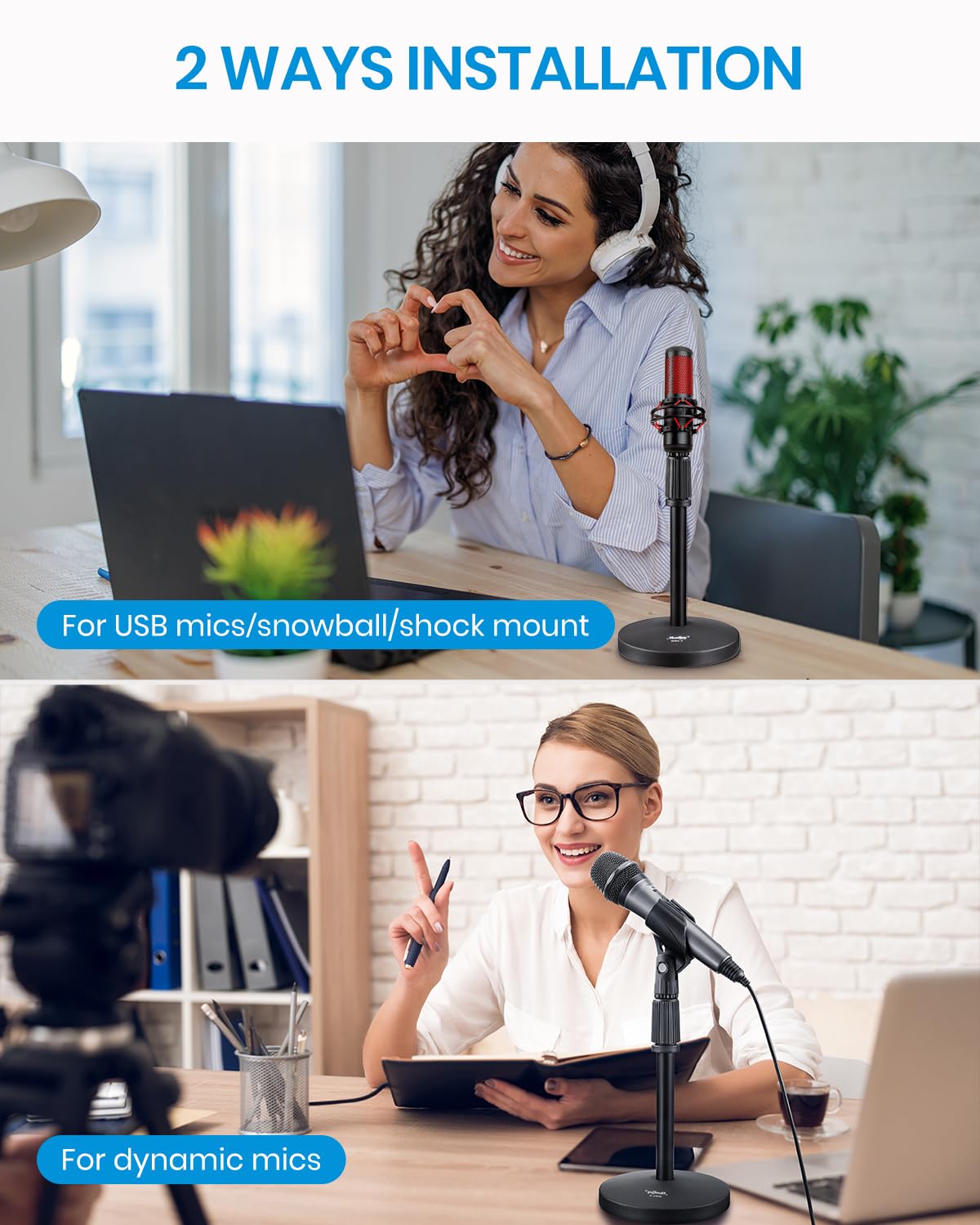 Desktop Microphone Stand, Moukey Upgraded Adjustable Table Mic Stand with Non-Slip Metal Base for Blue Yeti Snowball Spark, Other Microphone, height