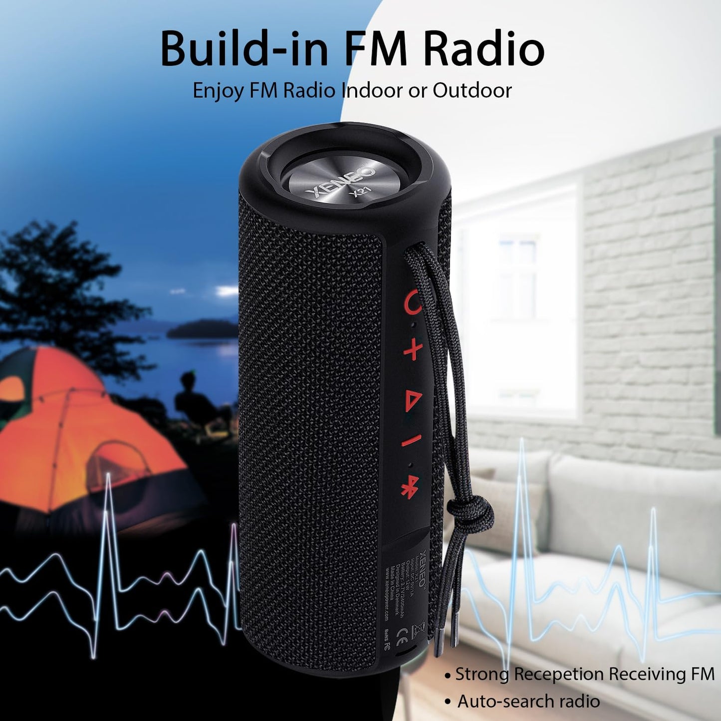 XENEO X21 Dual Portable Bluetooth Speakers Waterproof Outdoor Wireless Stereo Pairing with FM Radio, Micro SD Card, IPX6, Aux Jack 30W for Home