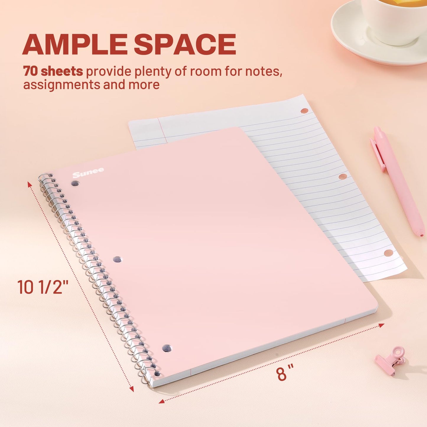 SUNEE Spiral Notebooks, 1-Subject, 10 Pack, College Ruled Paper, 8" x 10-1/2", 70 Sheets per Notebook,3-Hole Punched Paper, Pink,Purple, Blue, Green