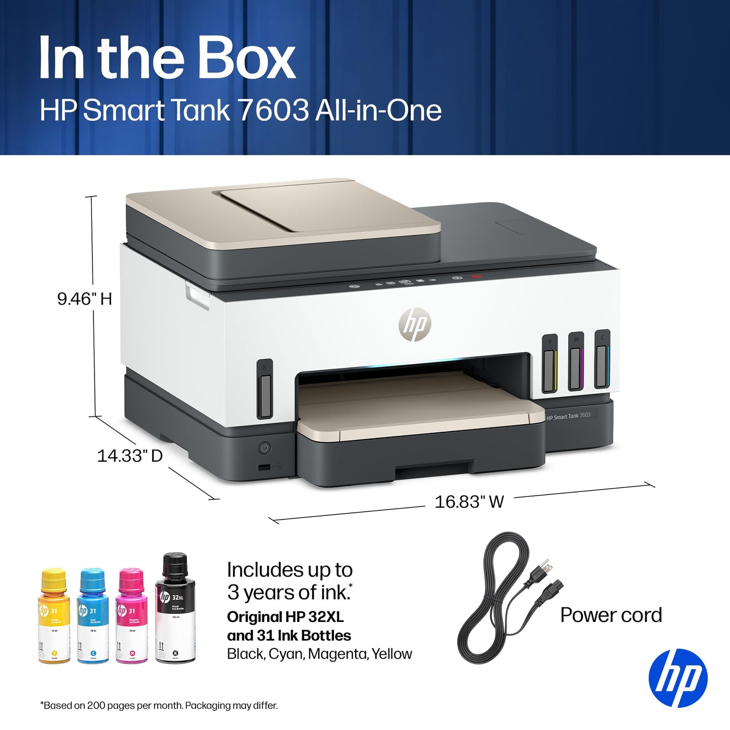 HP Smart Tank 7603 Wireless All-in-One Ink Tank Printer, Scanner, Fax, Copier with up to 3 Years of Ink Included, Best-for-Home Office, Cartridge-Free