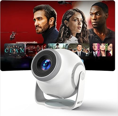 HCHENWRT Mini Projector with Android 14 OS 1080P/4K/8K Video Decoding WiFi 6 & Bluetooth 5.4, 270° Rotatable Stand, Auto Vertical Keystone, Portable