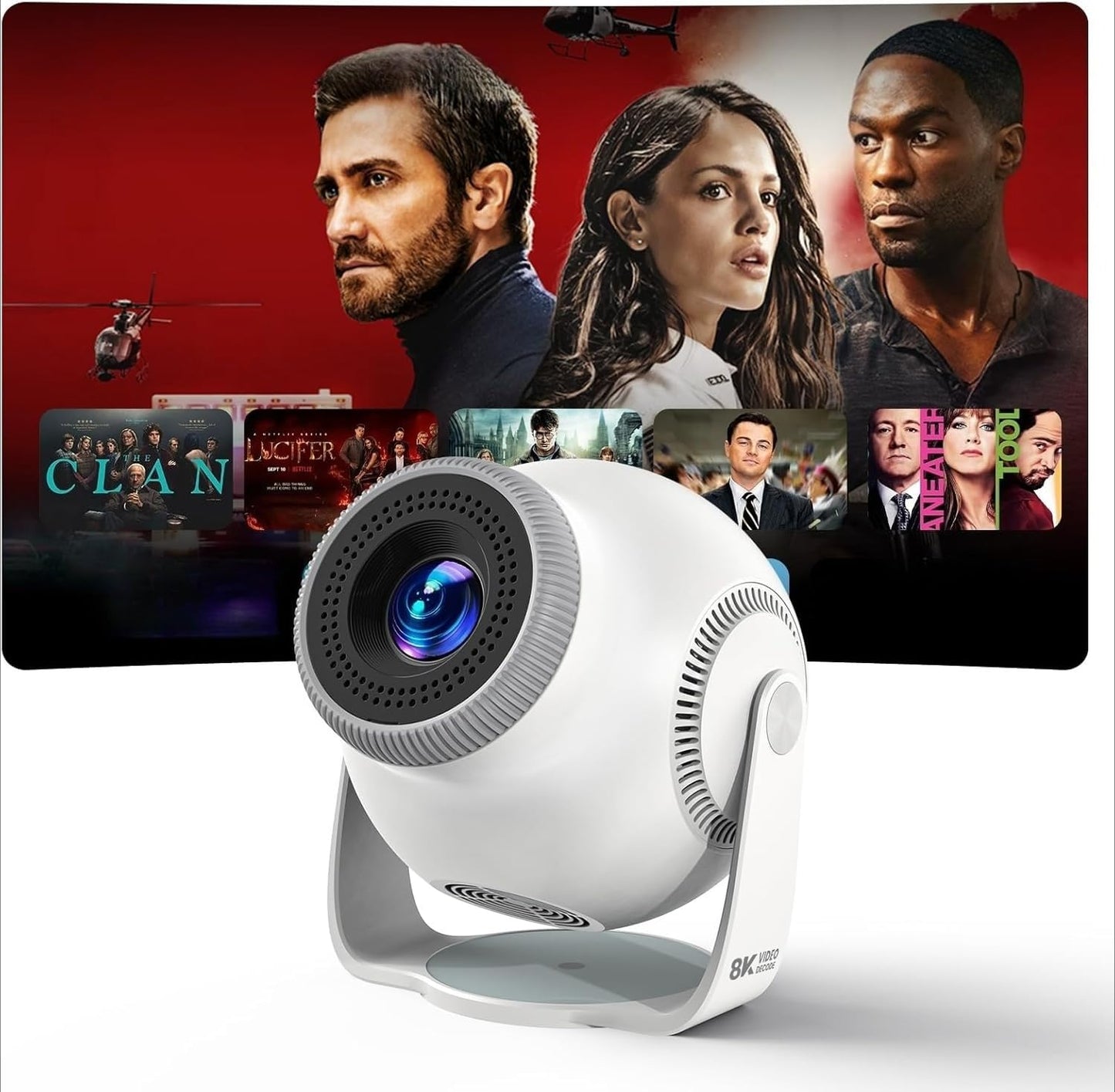 HCHENWRT Mini Projector with Android 14 OS 1080P/4K/8K Video Decoding WiFi 6 & Bluetooth 5.4, 270° Rotatable Stand, Auto Vertical Keystone, Portable