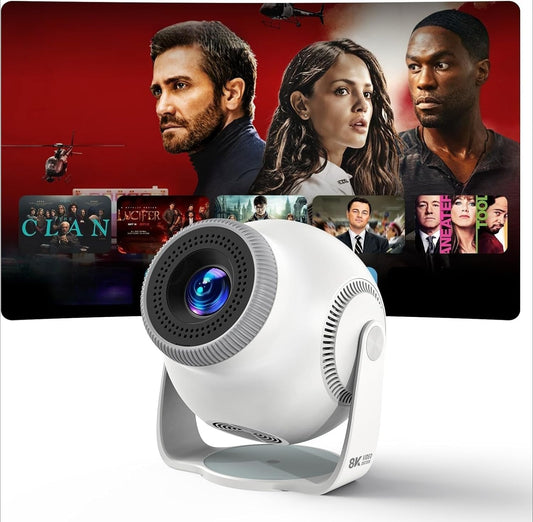 HCHENWRT Mini Projector with Android 14 OS 1080P/4K/8K Video Decoding WiFi 6 & Bluetooth 5.4, 270° Rotatable Stand, Auto Vertical Keystone, Portable