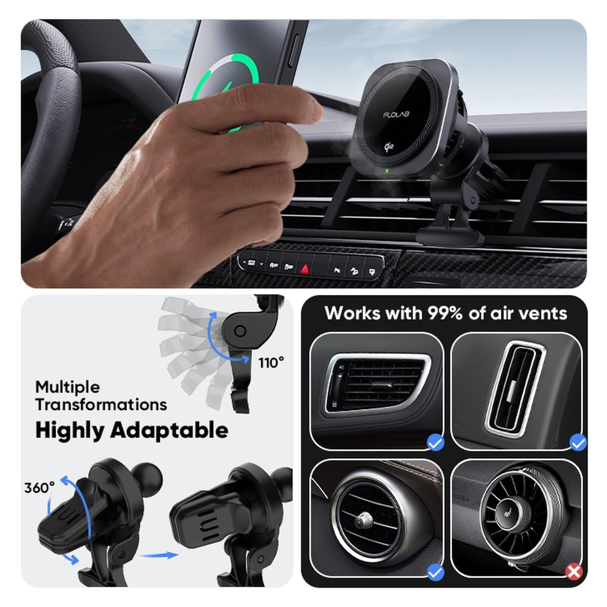 FLOLAB Qi2 15W Wireless Car Charger for iPhone 16/15/14/13/12 Qi2 Car Charger, Magnetic Vent Mount/Dashboard Mount Car Phone Holder, Fast Charging