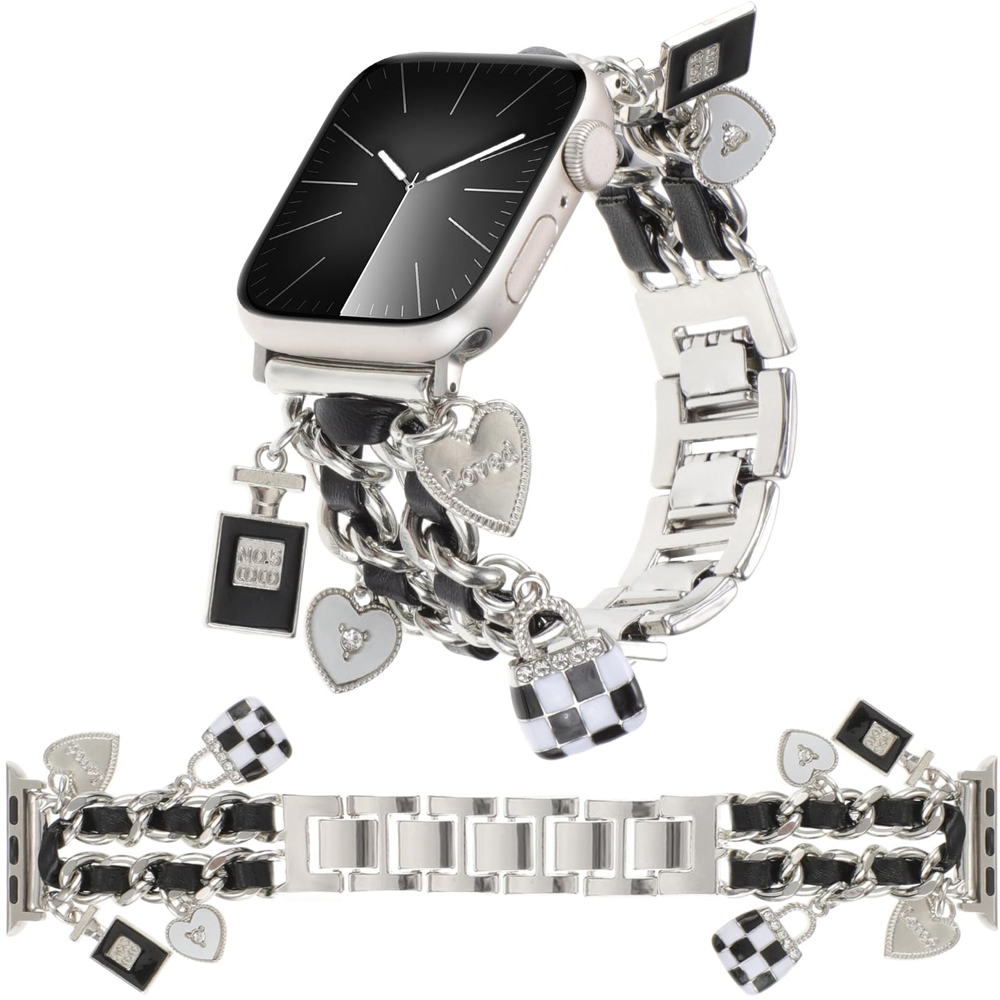 REALSIGN Stylish Metal Bands Compatible with Apple Watch Band 41/40/38mm Women,Cuban Chain Band with Cute Pendants Love Cross Charms Strap for iWatch