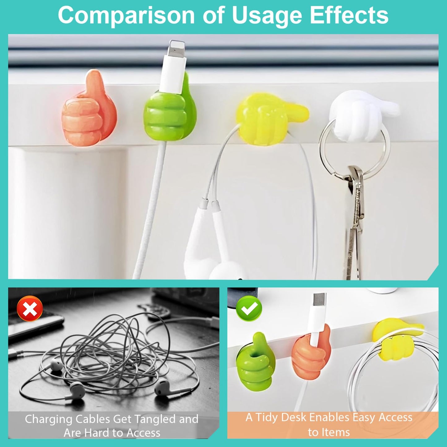 Ryetvok 40 Pcs Creative Thumbs Up Wall Hooks, Self-Adhesive Silicone Thumb Holders, Multi-Function Cord Holder Clips for Desk Wall Nightstand, Wire