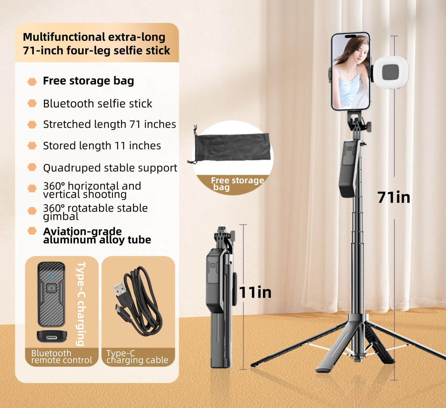 70-inch 4-Legged Selfie Stick for Phones and Cameras, Portable Travel Stand Holder, Rechargeable Remote Control, 360° Rotation, Compatible with iPhone