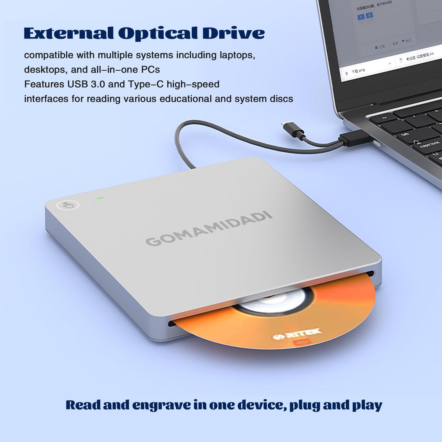 GOMAMIDADI External DVD CD Drive, USB 3.0 & Type-C Portable Burner & Reader for Laptop, PC, Mac, Windows 11/10/8/7, Plug & Play, Lightweight Design