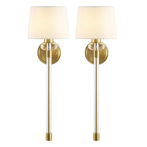 SAFAVIEH Lighting - Athene 26-Inch Wall Sconce Set of 2 - Brass & Clear Acrylic - Modern Tall Single-Arm Design - Ideal for Hallway, Bedroom, Bathroom