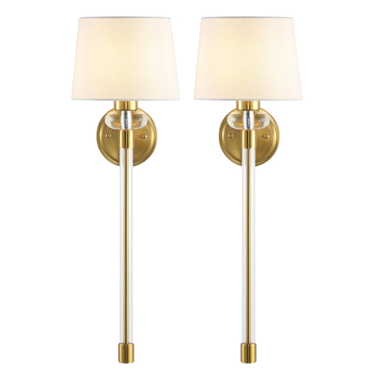 SAFAVIEH Lighting - Athene 26-Inch Wall Sconce Set of 2 - Brass & Clear Acrylic - Modern Tall Single-Arm Design - Ideal for Hallway, Bedroom, Bathroom