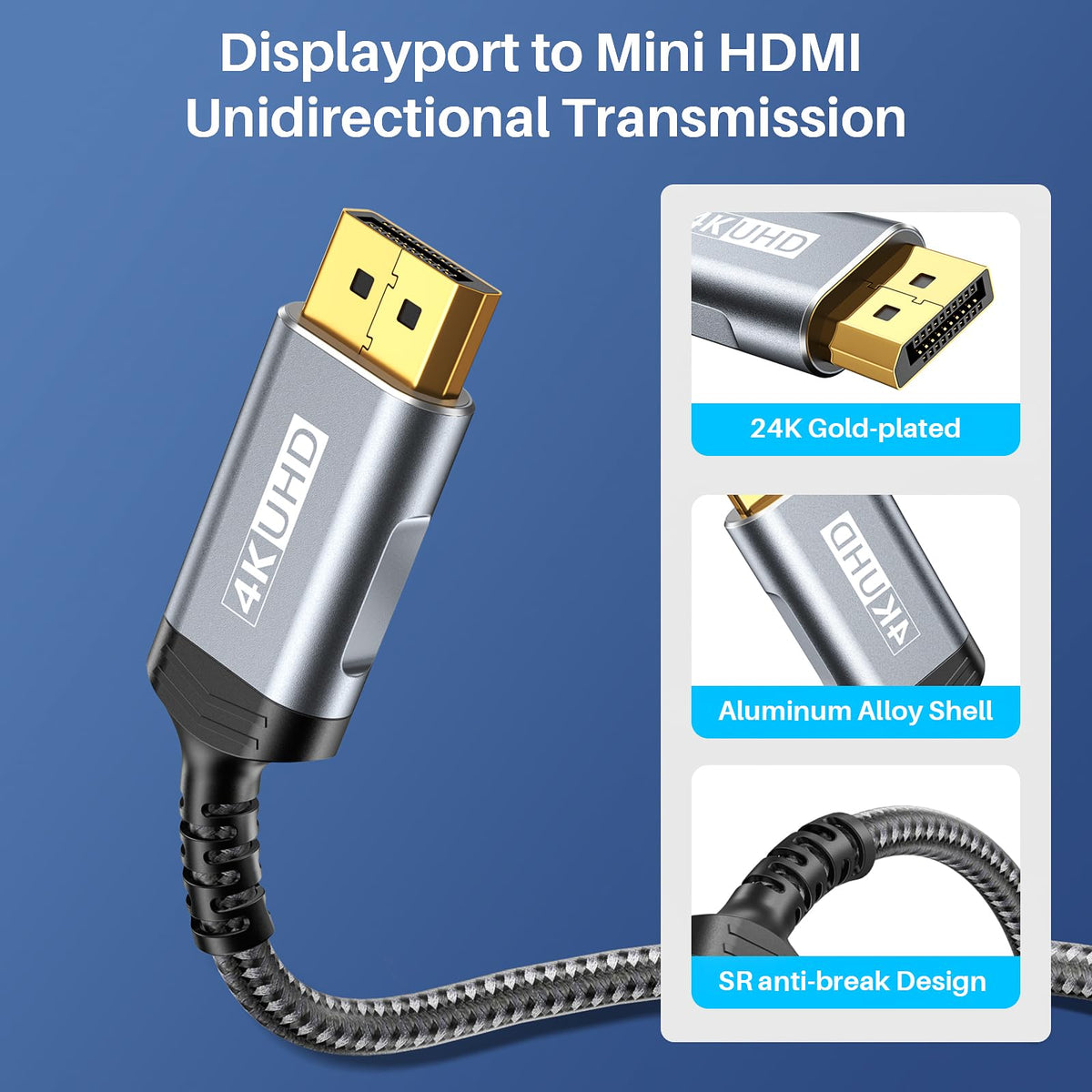DisplayPort to Mini HDMI Cable 4K@60Hz Unidirectional DP to Mini HDMI 6.6FT