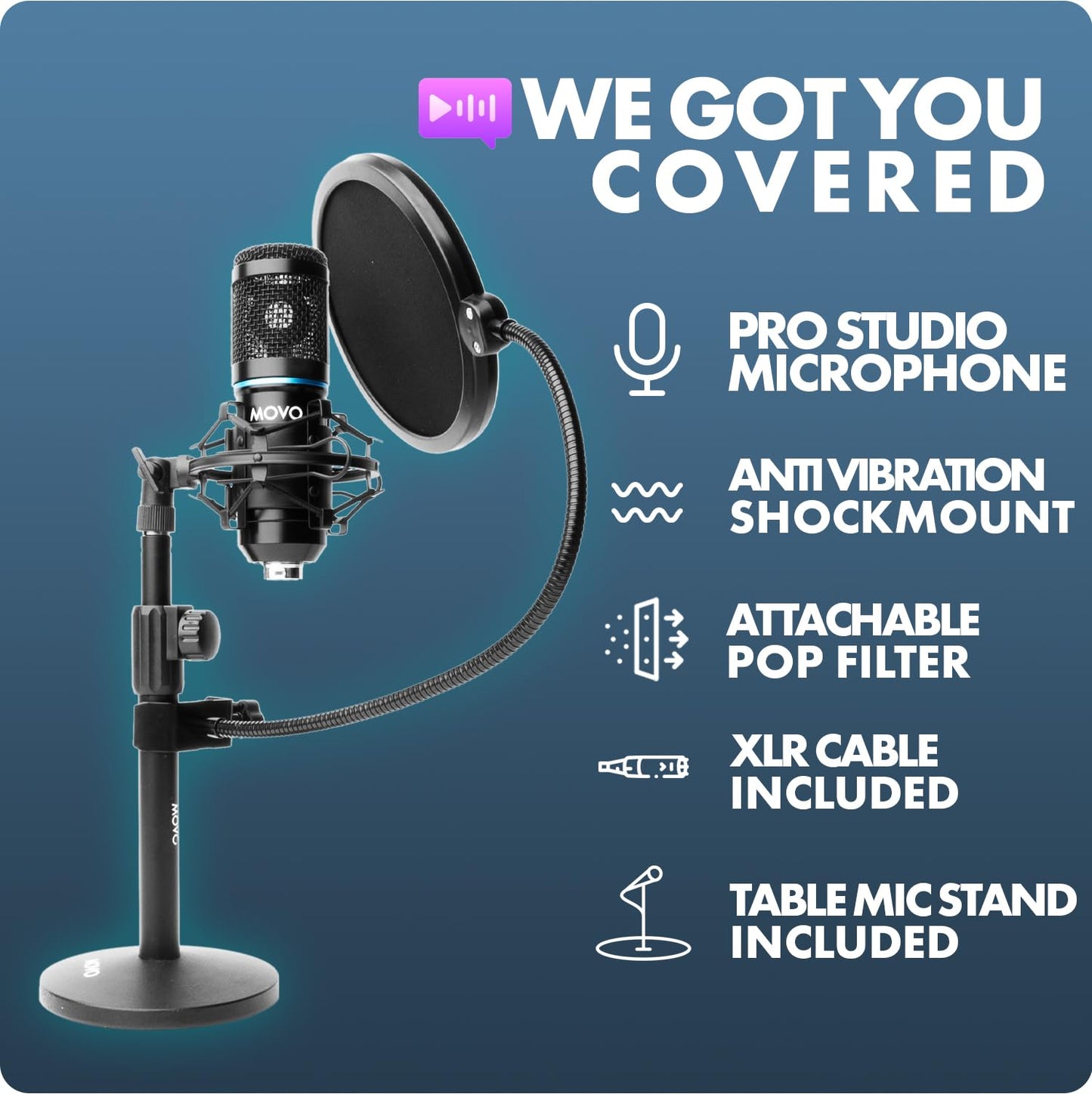Movo PodPak2T 2-Pack Universal XLR Condenser Microphone Podcasting Equipment Bundle for 2 - Includes 2 Cardioid Mics, Desktop Stands, Shock Mounts