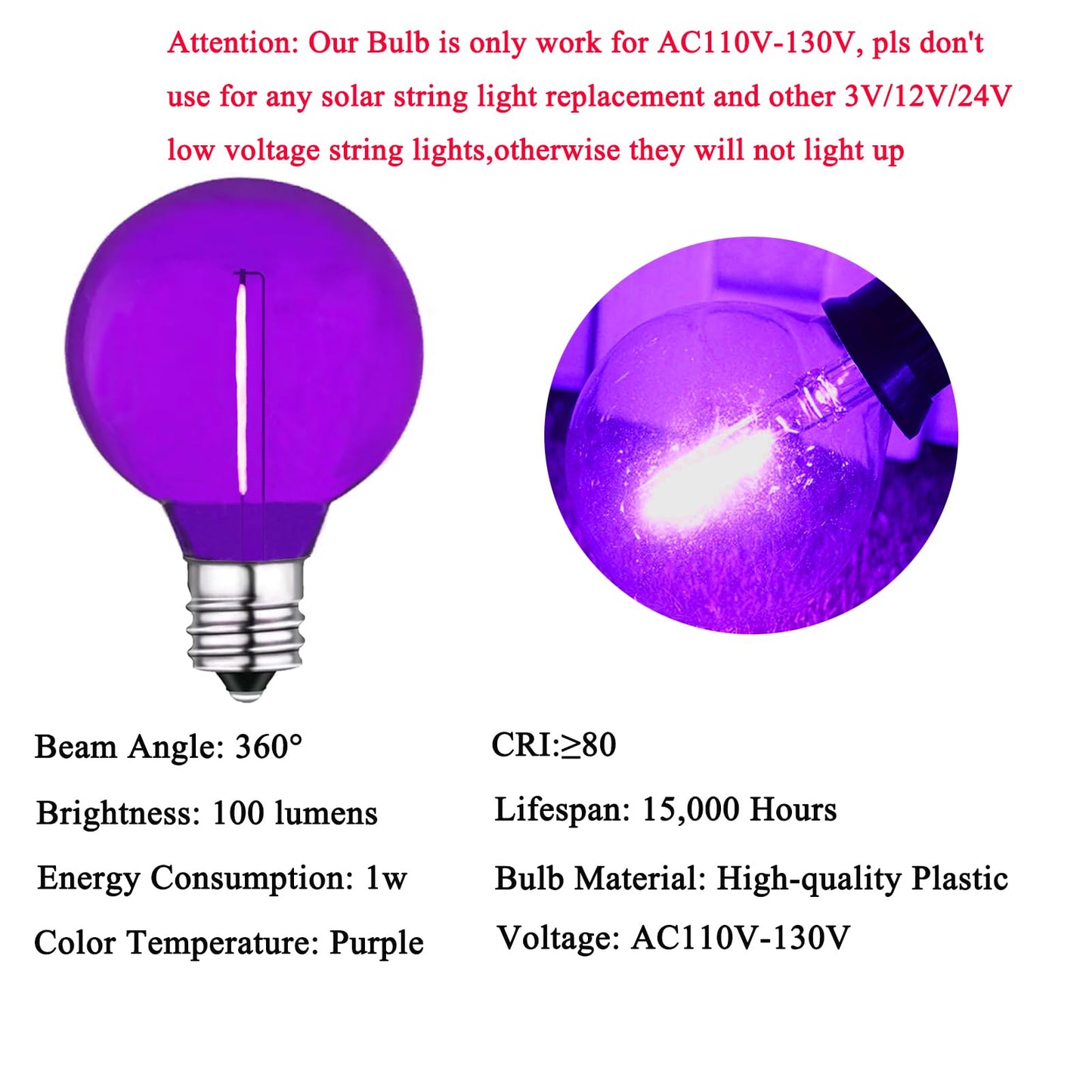 LRSUEYSKIN G40 Purple LED Replacement Bulb 1W Light Bulbs Shatterproof Waterproof LED Outdoor String Lights Decorative Night Light E12/C7 Candelabra