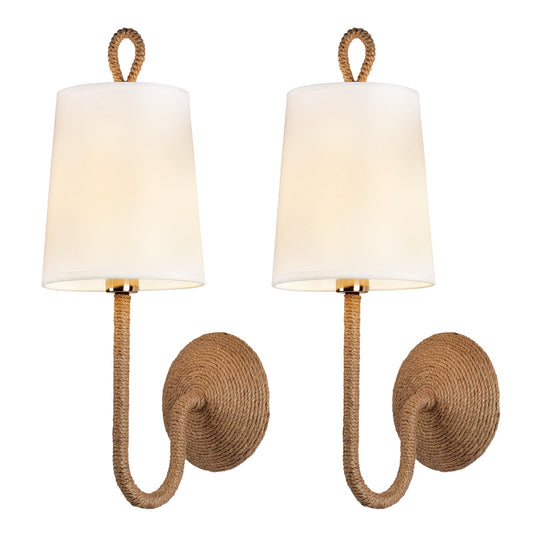 HILUXIA Natural Rattan Wall Sconce Set of 2: Boho Coastal Rope Woven Lamps with Linen Fabric Shades for Living Room, Bedroom, Bedside, Vanity