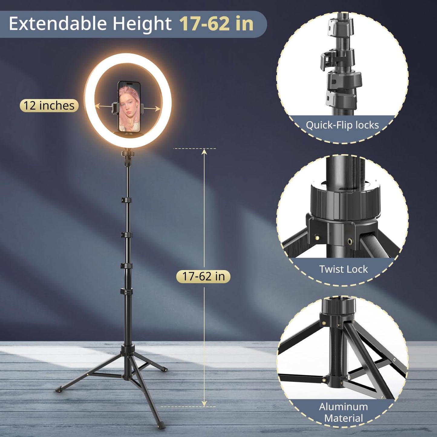 UBeesize 12” Selfie Ring Light with 62” Extendable Tripod Stand & Remote, LED Circle Light with Phone Holder for Video Recording/Makeup/Content