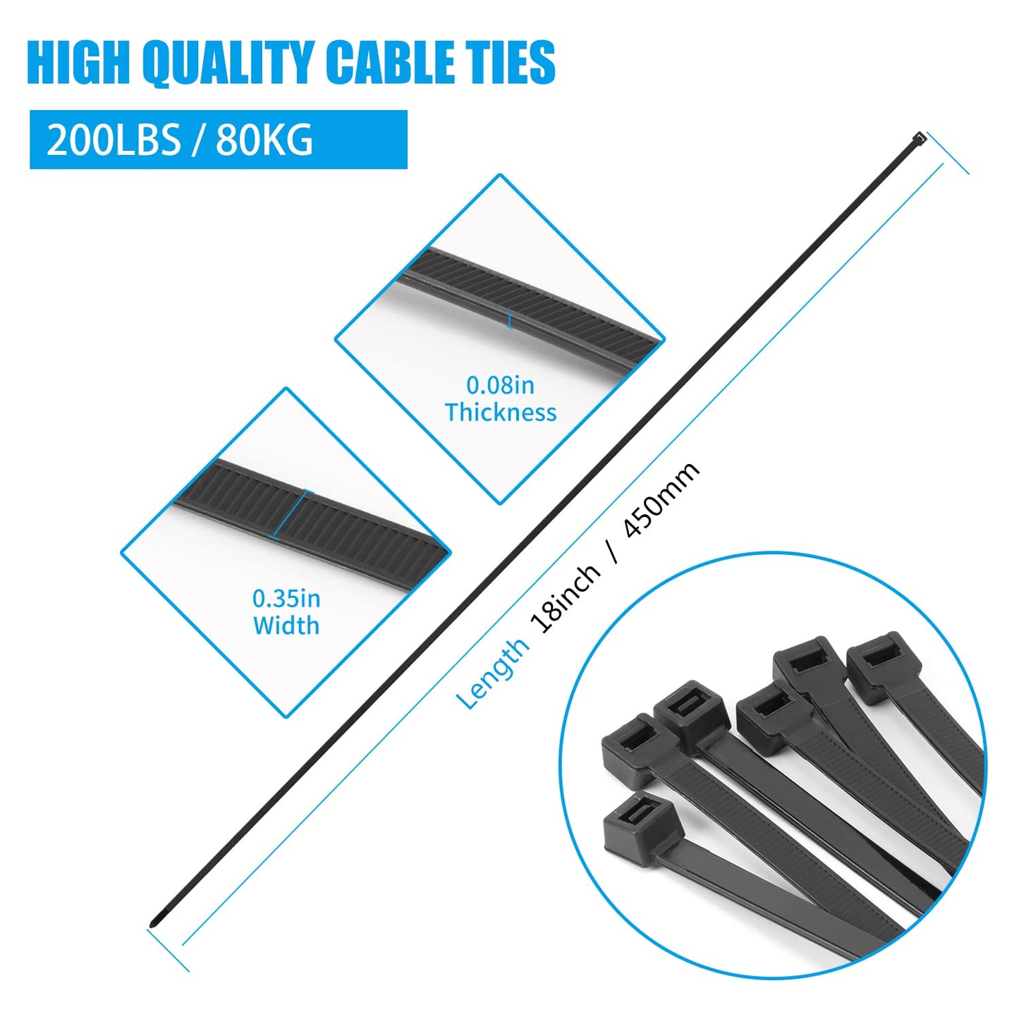 Armpow 18 inch Black Zip Ties Heavy Duty 100 PACK, 200 LBS Ultra Exclusive Strong Plastic Wire Ties, Large Cable Ties Extra Long Tie Wraps, Indoor