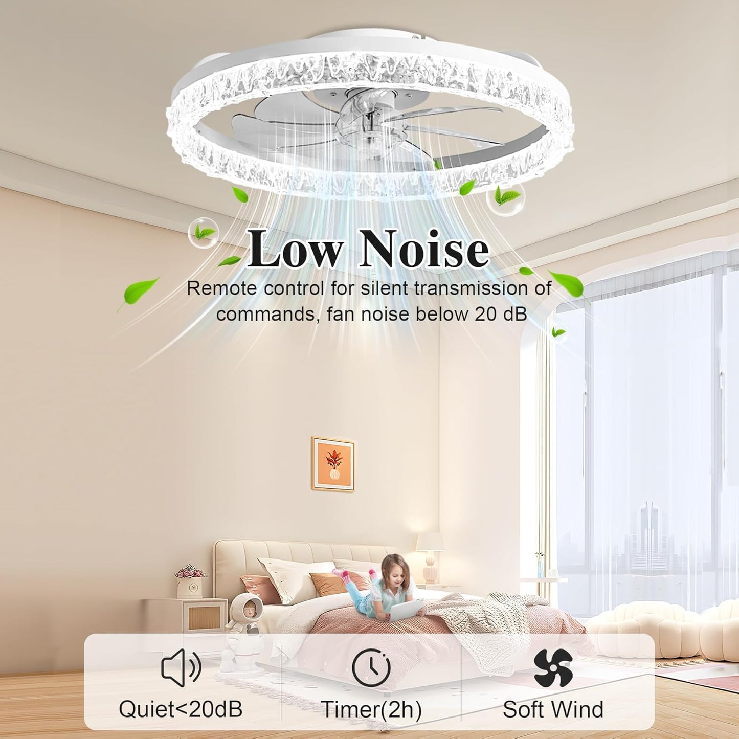 DIAMONDFORGE Ceiling Fans with Lights and Remote Fandelier - 20" Flush Mount Low Profile Modern Ceiling Fans for Bedroom - Stepless Color Temperature