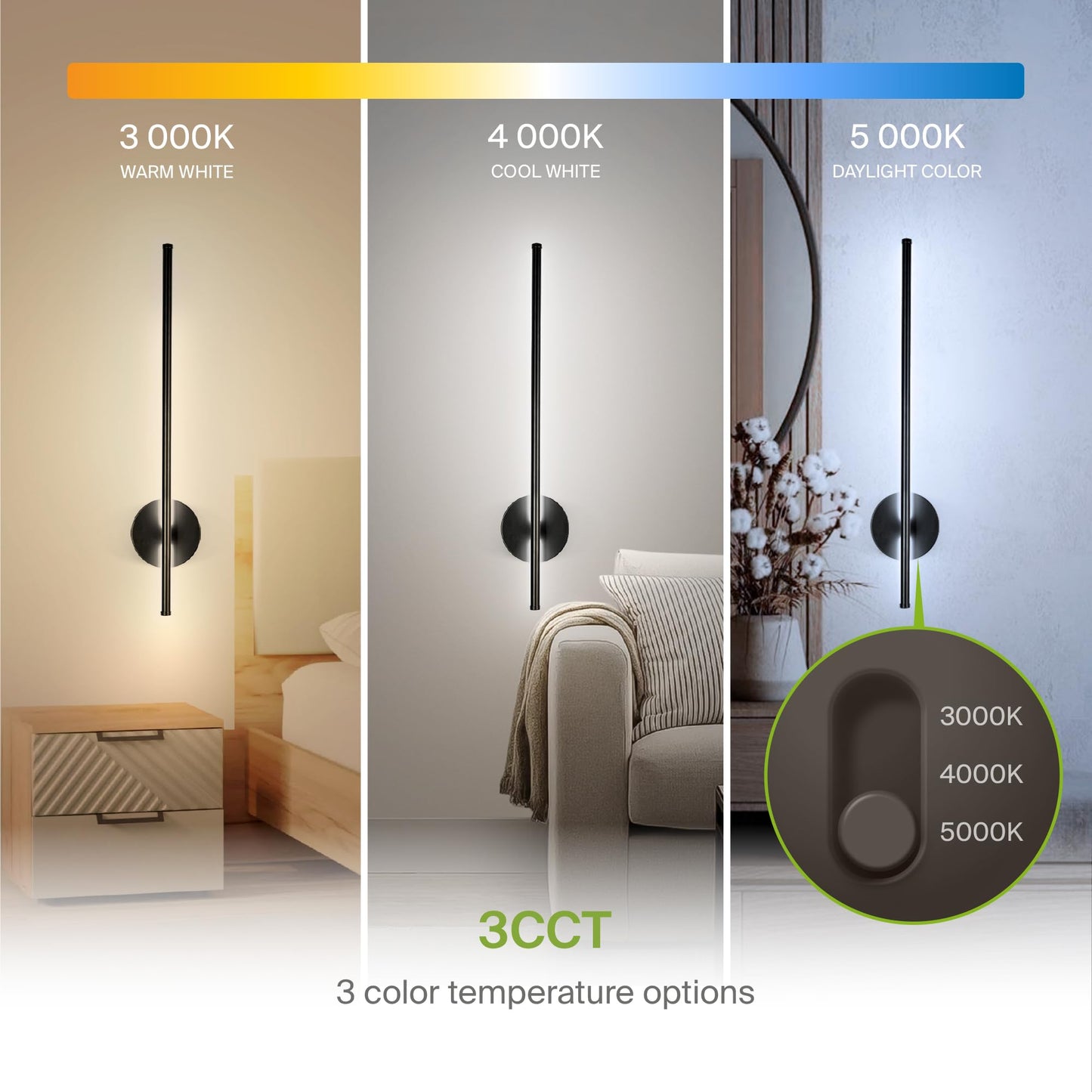 ASD LED 24" Linear Tube Wall Sconce, Modern Bathroom Light Bar | 3CCT, 360° Rotatable, Dimmable, ETL Listed | 8W 420LM 3000-5000K 100-277V | Bedroom