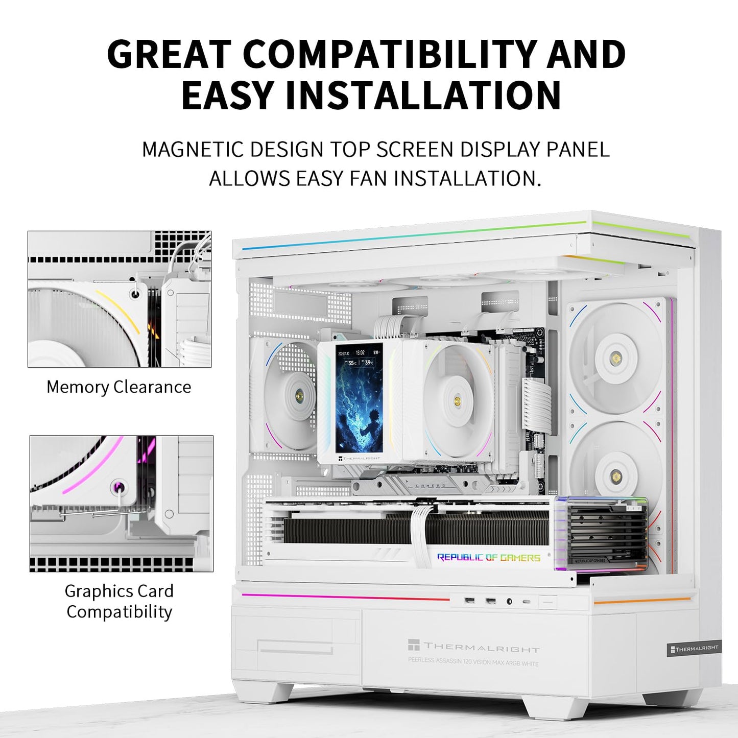 Thermalright Peerless Assassin 120 Vision MAX ARGB White CPU Air Cooler, Twin Tower Radiator 2150RPM,480x854 Resolving Power IPS Screen